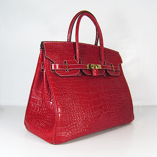 High Quality Fake Hermes Silver Lockpin Birkin 35cm Crocodile Veins Bag Red 6089
